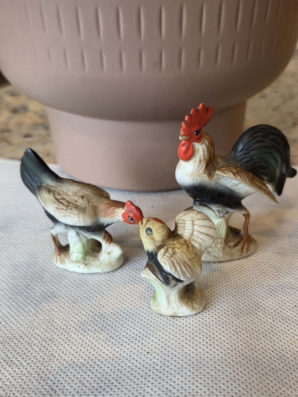 Vintage Ceramic Rooster, Hen & Chick Figurine Set